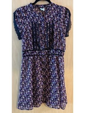 Free People Y2K Sheer Floral Mini Dress Purple floral black lace detail size xs